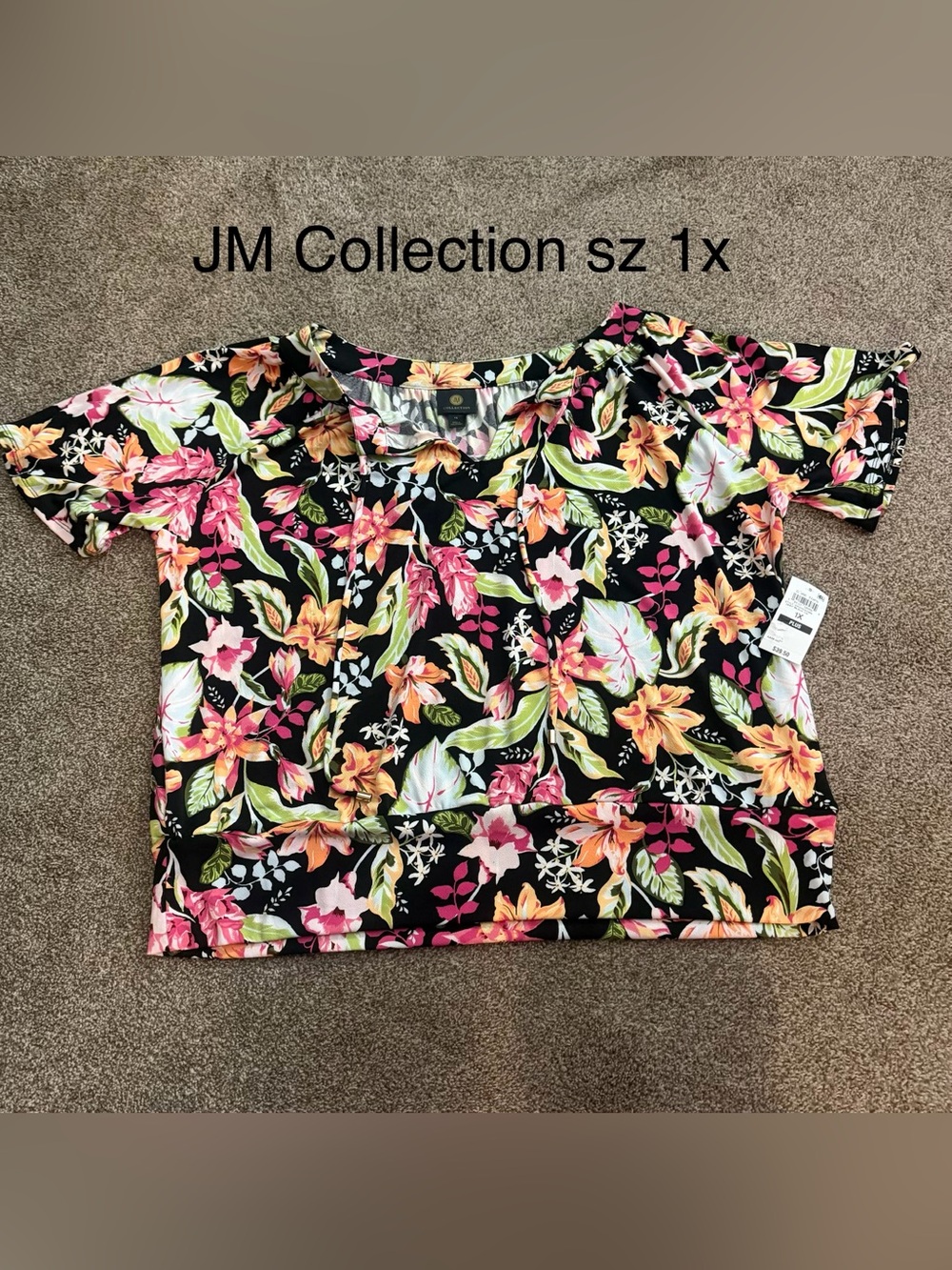 JM Collection Black Floral Scoop Neck Tunic with Pink & Orange Blooms Sz 1x